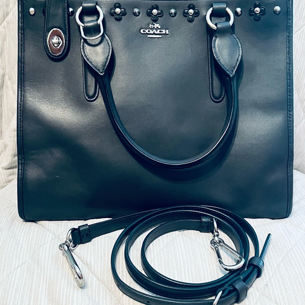 Coach Navy Leather Flower Studded Crossbody Bag